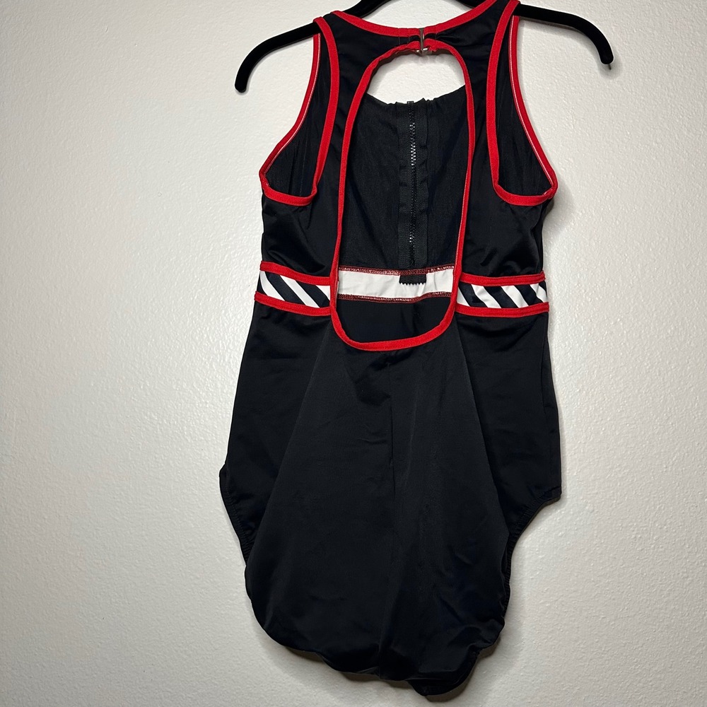 Miraclesuit Black Red White Stripe Zipper Front Halter One Piece Swimsuit Sz 16 - Picture 3 of 6
